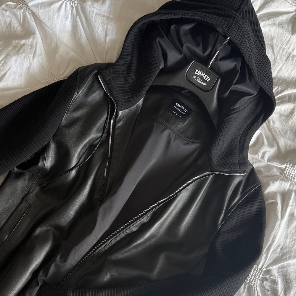 Emmett Di Franco black hooded zip up bomber jacket.